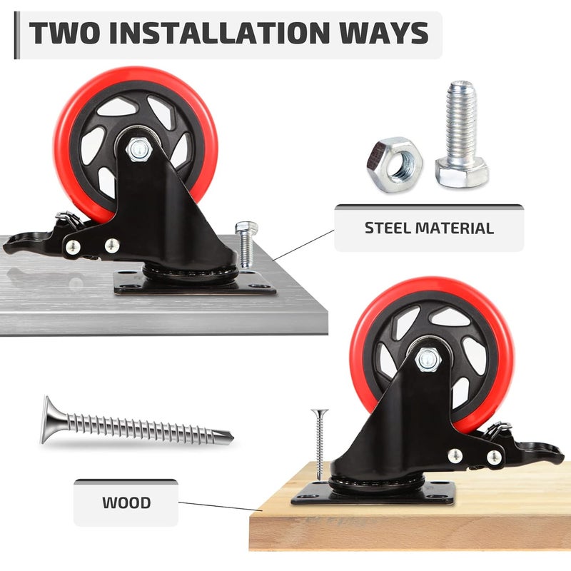 Nefish 4 Inch Industrial Caster Wheels with Brake, Casters Set of 4 Heavy Duty Grade Casters, Non-Marking Polyurethane Wheels, Workbench 1800 Lbs for Cart, Furniture, Shelving (LJ-PC-4IN) - Image 5